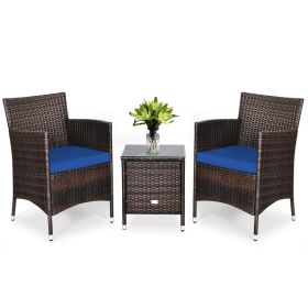 3 Pieces Ergonomic Wicker Patio Conversation Set (Color: Navy)