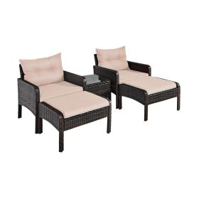 5 Pieces Patio Rattan Sofa Ottoman Furniture Set with Cushions (Color: Beige)