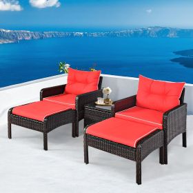 5 Pieces Patio Rattan Sofa Ottoman Furniture Set with Cushions (Color: Red)
