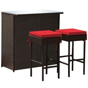 3 Pieces Outdoor Rattan Wicker Bar Set with 2 Cushions Stools (Color: Red)
